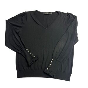 VTG Lauren Ralph Lauren Black V-Neck Puff Sleeve Button Cuff Sweater L Old Money